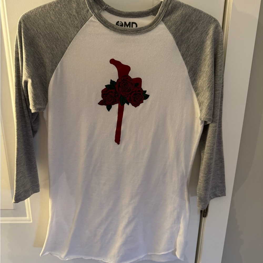 Gray and White Raglan Tee with Red Rose Graphic